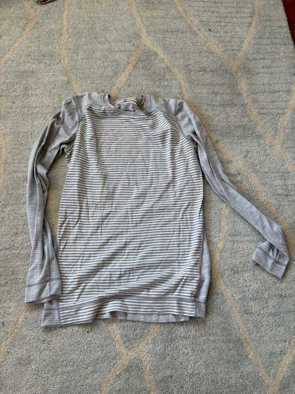 Smartwool Gray and White Striped Lightweight Crew Top with Rainbow Trim